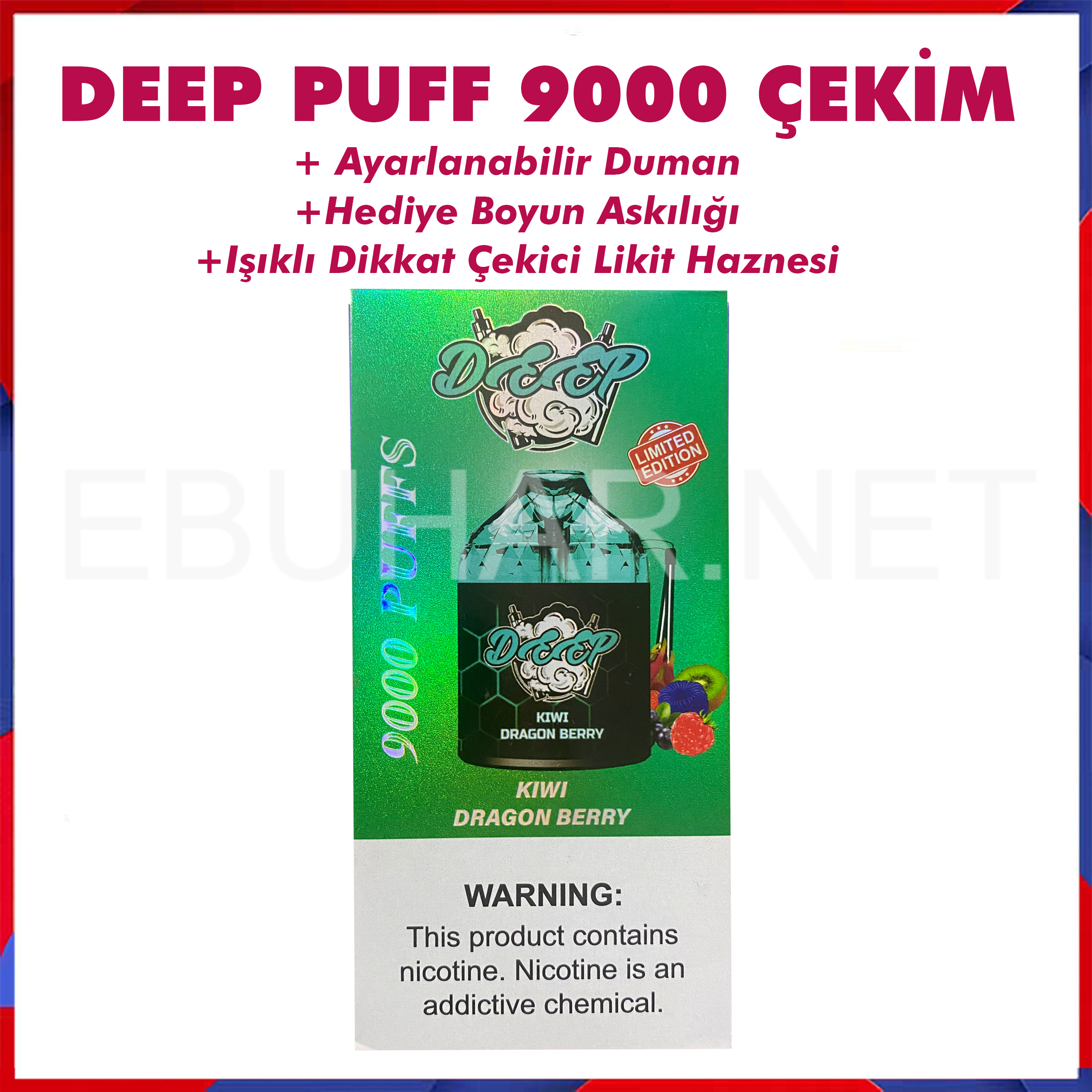 Deepbar 9000 Kiwi dragon berry  en uygun fiyatlar ile ebuhar da!  Deepbar 9000 Kiwi dragon berry özellikleri, fiyatı, incelemesi, yorumları ve taksit seçenekleri için hemen tıklayın!