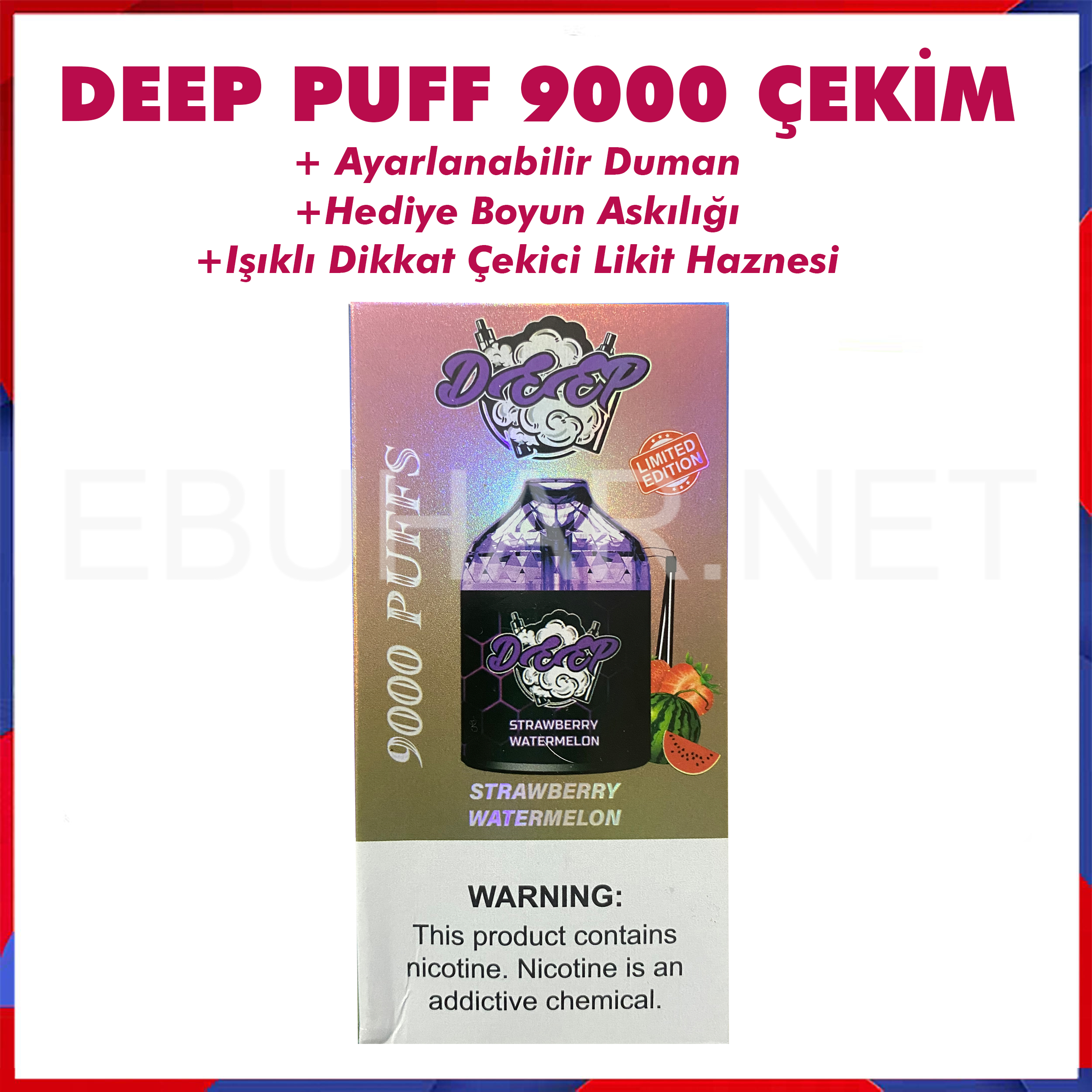 Deepbar 9000 Strawberry Watermelon  en uygun fiyatlar ile ebuhar da!  Deepbar 9000 Strawberry Watermelon özellikleri, fiyatı, incelemesi, yorumları ve taksit seçenekleri için hemen tıklayın!